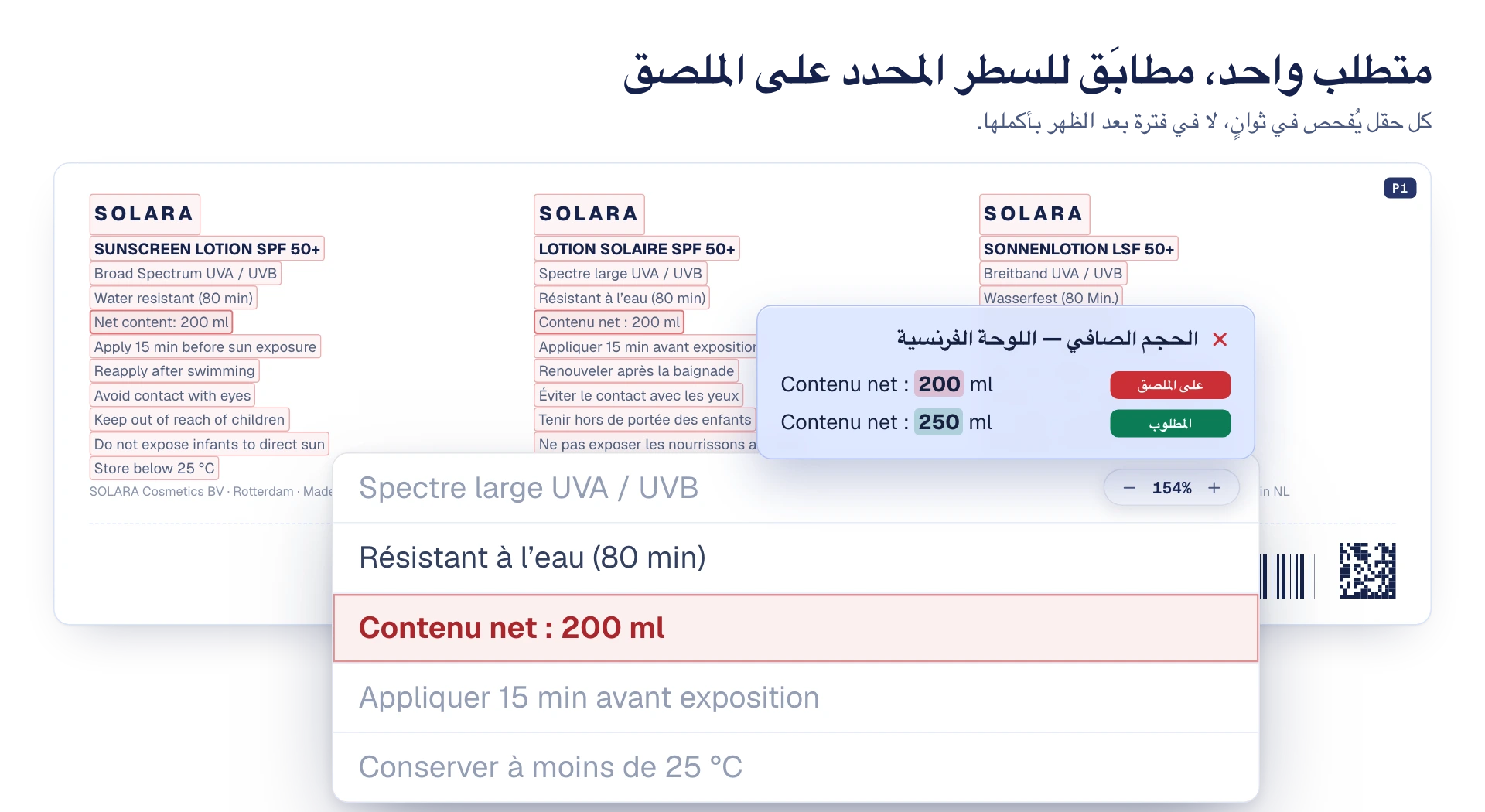 رسم توضيحي: متطلب واحد من مستند المتطلبات، مطابَق للسطر المحدد في تصميم الملصق، مع تعليم الحجم الصافي غير المطابق باللون الأحمر.