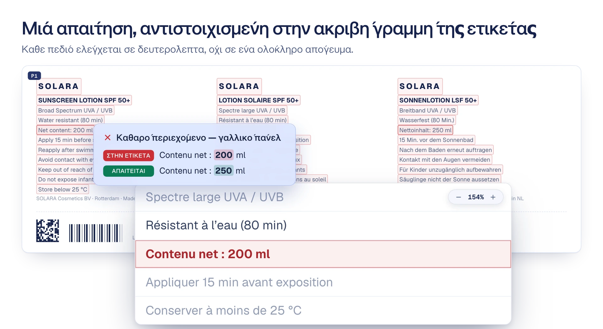 Επεξηγηματική εικόνα: μία απαίτηση από το έγγραφο προδιαγραφών, αντιστοιχισμένη στην ακριβή γραμμή της μακέτας, με το ασύμφωνο καθαρό περιεχόμενο σημειωμένο με κόκκινο.