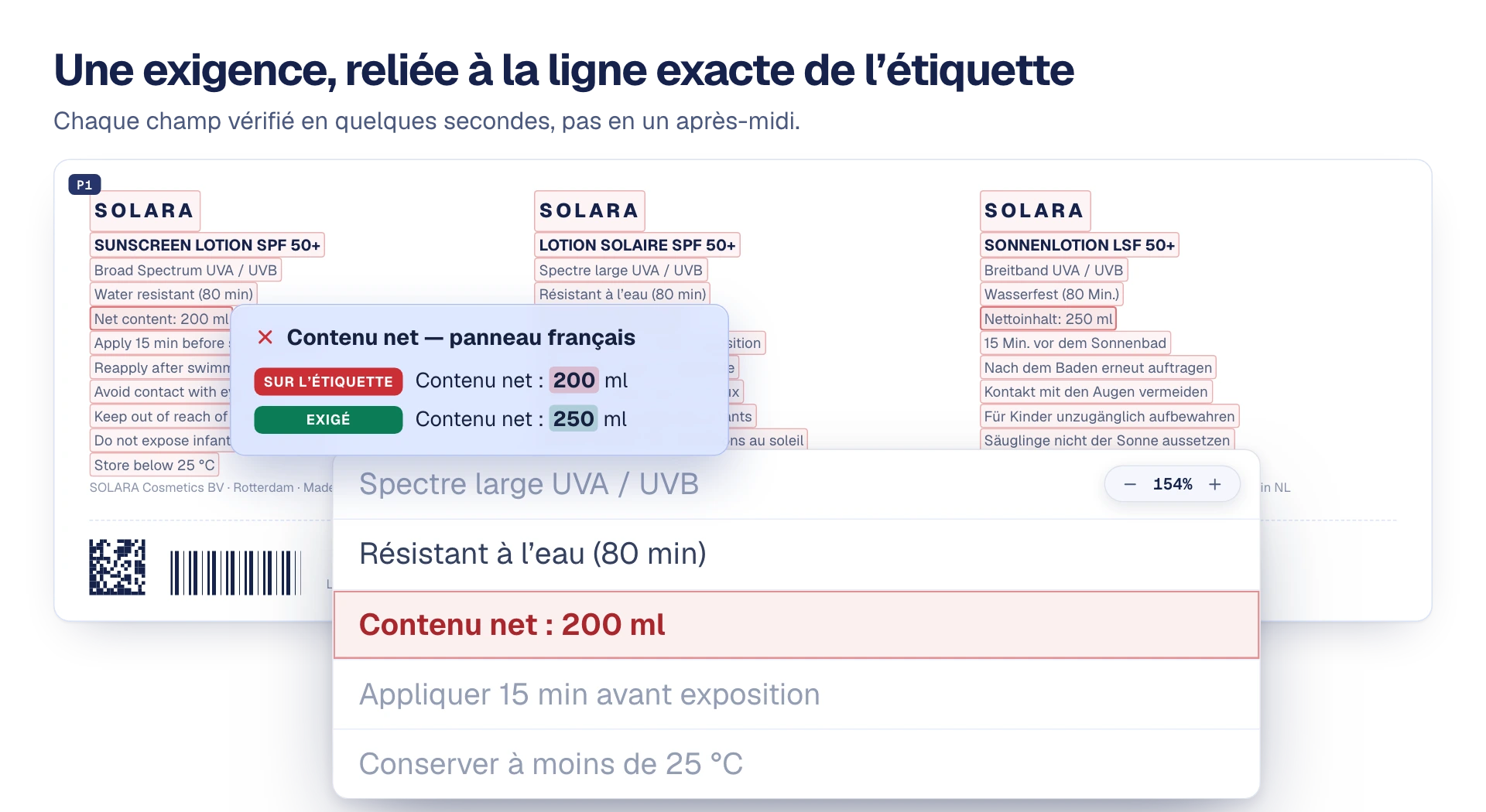 Illustration : une exigence du document de référence, reliée à la ligne exacte de la maquette, avec le contenu net divergent signalé en rouge.