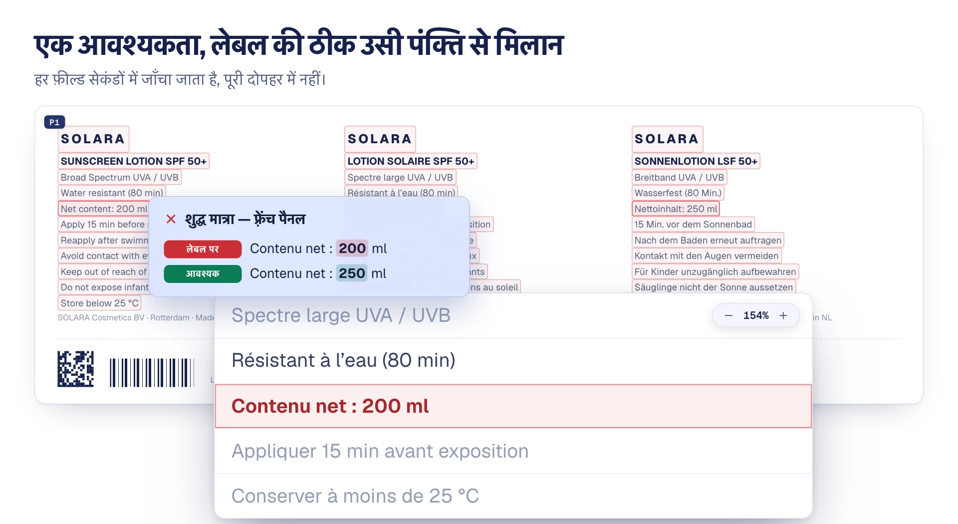 उदाहरण चित्र: आवश्यकता दस्तावेज़ की एक आवश्यकता, लेबल आर्टवर्क की ठीक उसी पंक्ति से मिलाई गई, और बेमेल शुद्ध मात्रा लाल रंग में चिह्नित।
