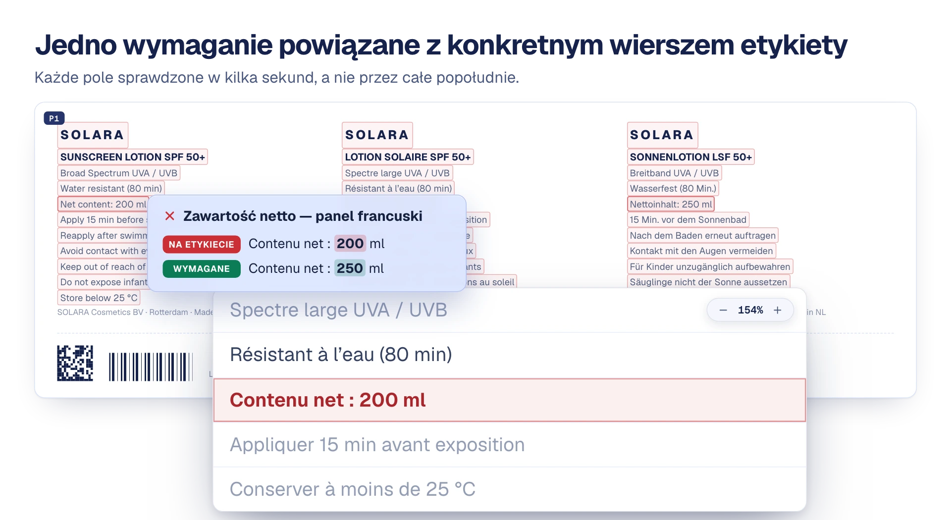 Ilustracja: jedno wymaganie z dokumentu wymagań powiązane z konkretnym wierszem projektu etykiety, z niezgodną zawartością netto zaznaczoną na czerwono.