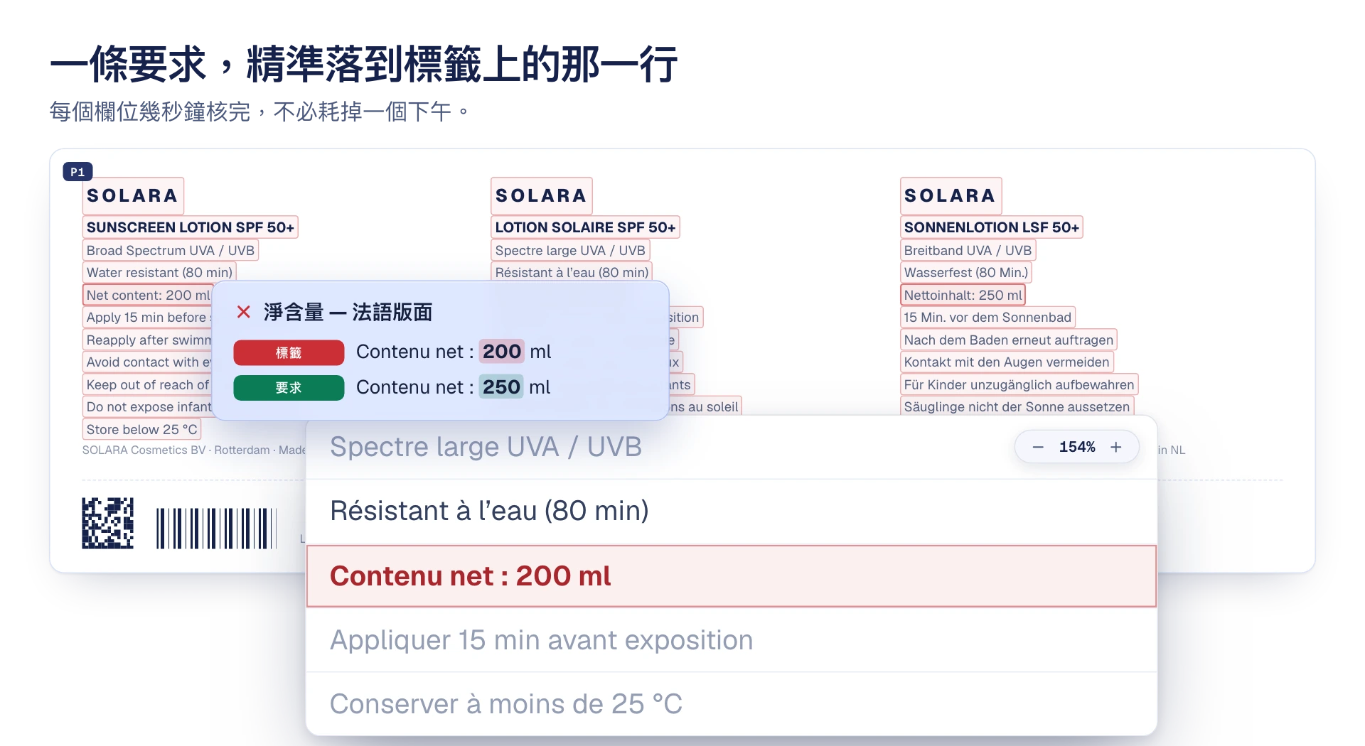 示意圖：要求文件中的一條要求，精準對應到標籤設計稿上的那一行，不一致的淨含量以紅色標出。